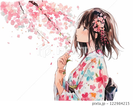 一輪の花を持って桜の木を見つめる和服姿の若い女性 一輪の花を持って桜の木を見つめる和服姿の若い女性 122984215