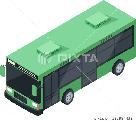 Green isometric city bus waiting at the bus stop, public transportation concept, modern urban vehicle carrying people to their destination, ecological and sustainable mobility solution Green isometric city bus waiting at the bus stop, public transportation concept, modern urban vehicle carrying people to their destination, ecological and sustainable mobility solution 122984432