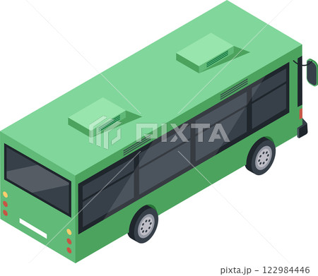 Green isometric city bus driving along a white background, representing public transportation while carrying passengers through an urban environment, highlighting modern travel solutions 122984446