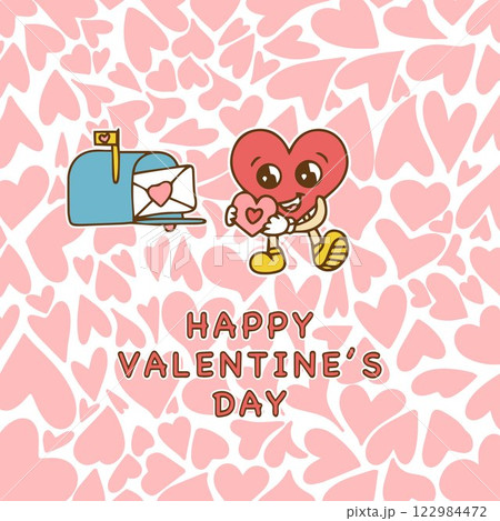 Kawaii heart carries a greeting card to the mailbox. Fashionable card on the background of pink hearts for Valentine's Day. 122984472