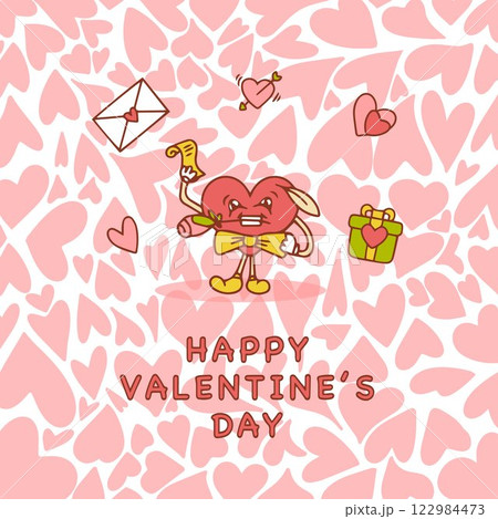 Kawaii heart with rose and Valentine's Day greeting elements. Trendy card on pink hearts background 122984473