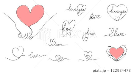 Continuous line drawing of heart, love lettering, Hands holding a heart on a white background. Valentine's day, wedding day concept. Hand drawn logos and emblems for invitations, greeting cards 122984478