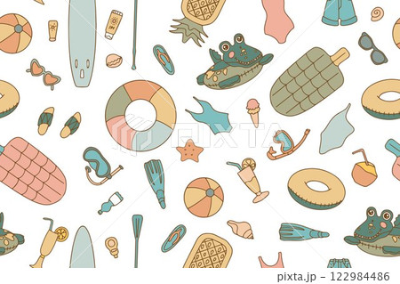 Colorful seamless pattern of summer items in doodle style. Hand drawn beach accessories. Tropical vacation. Fashionable background for your design. Vector. 122984486