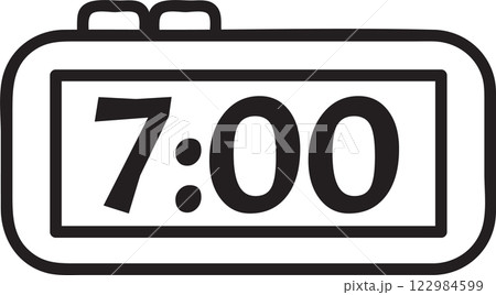Simple black and white digital alarm clock showing seven o clock, ideal for concepts related to sleep, wake up, morning routine, punctuality, or starting the day Simple black and white digital alarm clock showing seven o clock, ideal for concepts related to sleep, wake up, morning routine, punctuality, or starting the day 122984599