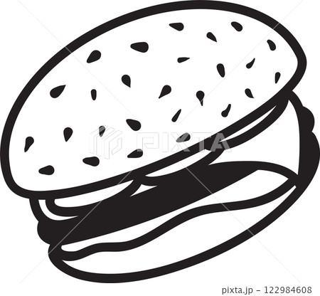 Black and white illustration depicting a hamburger featuring a sesame seed bun, juicy patty, melted cheese, and fresh vegetables, all set against a clean white background 122984608