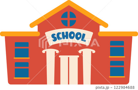 Red school building with columns welcoming students for learning, featuring a pitched roof, multiple windows, and a prominent SCHOOL sign, symbolizing education, knowledge, and academic pursuits 122984688