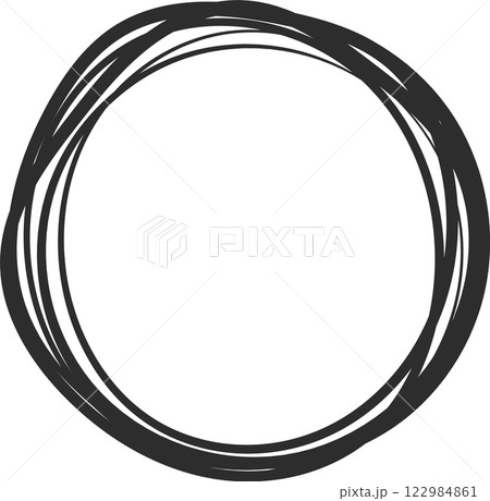 Multiple overlapping circular lines create an organic and imperfect hand drawn circle, forming a frame with empty space in the center, ideal for adding text or other elements 122984861