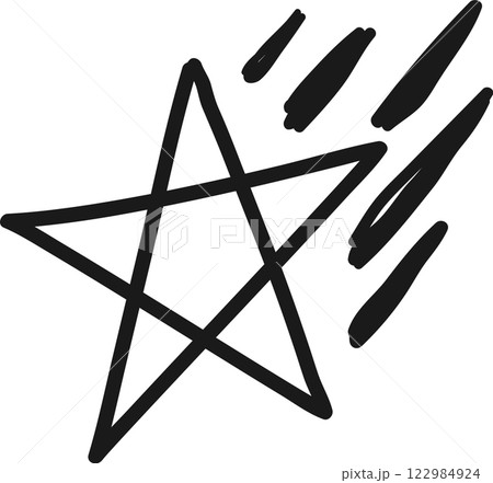 Simple, hand drawn five pointed star is depicted with dynamic speed lines, conveying a sense of motion and progress, ideal for representing concepts of success, achievement, and rapid advancement 122984924