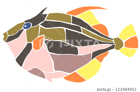 海水魚カワハギの綺麗なステンドグラス切り絵イラスト目地無し 122984952