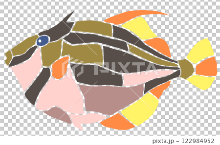海水魚カワハギの綺麗なステンドグラス切り絵イラスト目地無し 122984952