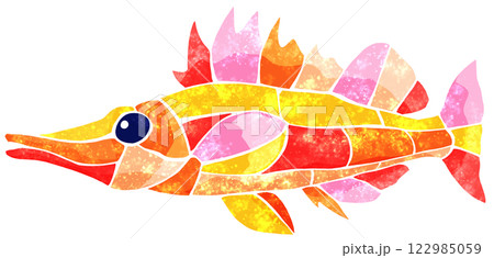 海水魚クダゴンベのステンドグラス画風切り絵イラスト目地無し 海水魚クダゴンベのステンドグラス画風切り絵イラスト目地無し 122985059