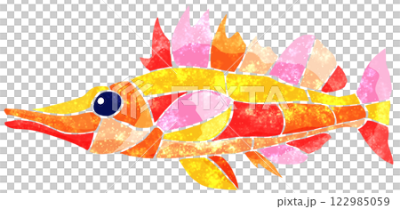 海水魚クダゴンベのステンドグラス画風切り絵イラスト目地無し 海水魚クダゴンベのステンドグラス画風切り絵イラスト目地無し 122985059