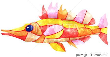 海水魚クダゴンベのカラフルモザイク画風切り絵イラスト 海水魚クダゴンベのカラフルモザイク画風切り絵イラスト 122985060