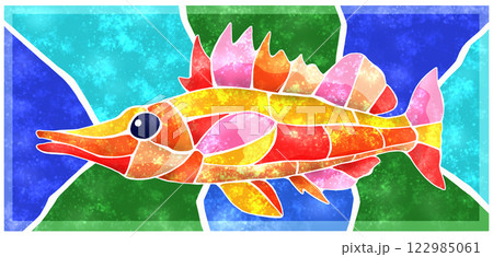 海水魚クダゴンベの綺麗なタイル画風切り絵イラスト背景有り 122985061