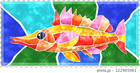 海水魚クダゴンベの綺麗なタイル画風切り絵イラスト背景有り 122985061