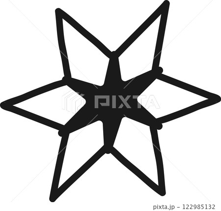 Hand drawn eight pointed star features a bold black outline and a prominent dark center, creating a captivating visual element suitable for various design applications 122985132