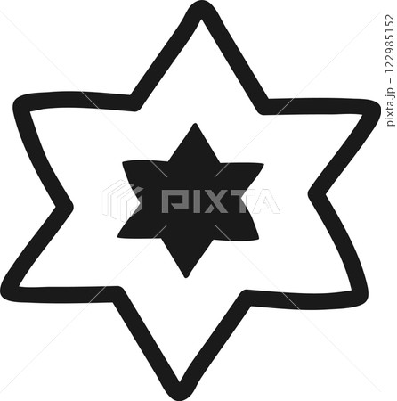 Hand drawn illustration featuring a prominent Star of David nestled within a larger star, symbolizing a strong connection to Jewish heritage, faith, and cultural identity Hand drawn illustration featuring a prominent Star of David nestled within a larger star, symbolizing a strong connection to Jewish heritage, faith, and cultural identity 122985152