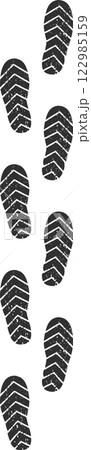 Vertical illustration featuring a series of dark boot prints with a textured, grunge effect, evoking a sense of movement and direction on a clean white backdrop Vertical illustration featuring a series of dark boot prints with a textured, grunge effect, evoking a sense of movement and direction on a clean white backdrop 122985159