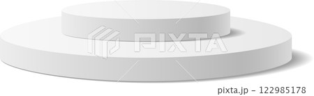 Two white round podiums creating a pedestal for displaying products, perfect for showcasing items in a clean and minimalist style against a white backdrop 122985178