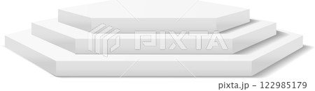Three white hexagonal podiums creating steps on a white background, ideal for showcasing products or concepts with a clean and modern aesthetic Three white hexagonal podiums creating steps on a white background, ideal for showcasing products or concepts with a clean and modern aesthetic 122985179