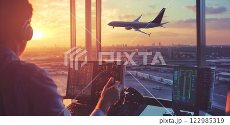 Air traffic controller monitoring airplane takeoff at sunset 122985319
