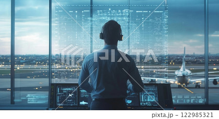 Air traffic controller managing airplane takeoff in airport control tower 122985321