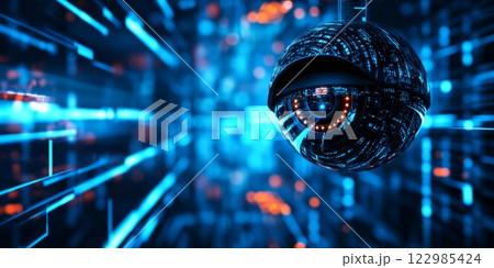 Cyberpunk surveillance, futuristic dome camera monitoring neon cityscape 122985424