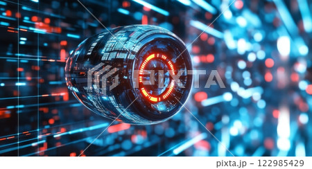 Futuristic surveillance camera monitoring data streams in cyberpunk space 122985429