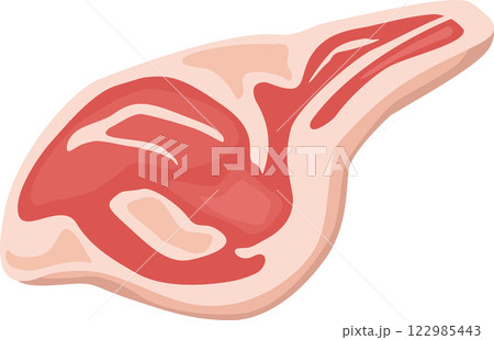 Cartoon illustration featuring a slice of raw red meat, emphasizing vibrant colors and textures, perfect for themes of cooking, butchery, and fresh ingredients 122985443