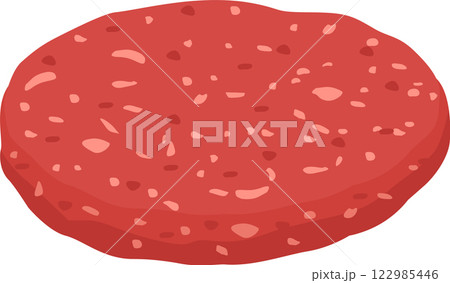 Red meat patty for hamburger showcasing visible spices and fat, resting on a clean white background, ready for cooking and transforming into a delicious meal Red meat patty for hamburger showcasing visible spices and fat, resting on a clean white background, ready for cooking and transforming into a delicious meal 122985446