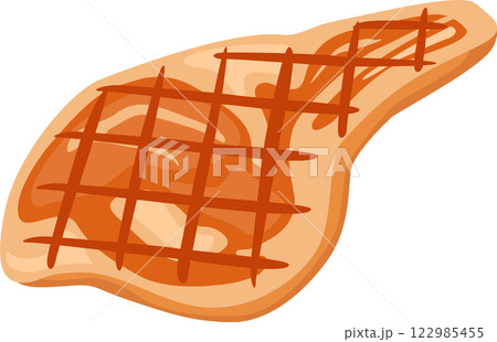 Grilled meat showing diamond shaped cooking grid marks on a white background, depicting a delicious and freshly cooked piece of meat ready to be served 122985455