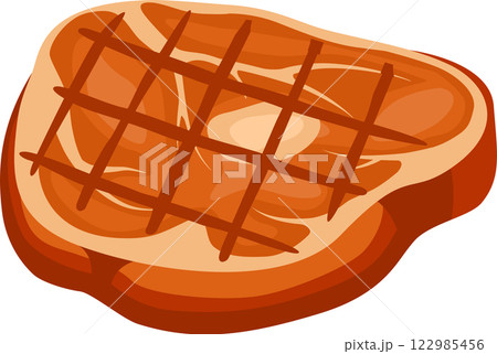 Grilled pork chop with cross hatch grill marks isolated on white background, simple flat vector illustration of cooked meat, perfect for restaurant menus, food blogs or recipe books 122985456