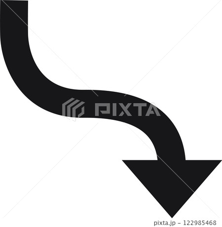 Simple black arrow pointing down and curving right against a clean white background, serving as an effective symbol for indicating directions, descent, or decline concepts 122985468