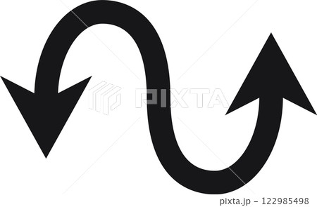 Simple vector illustration featuring a black curved arrow pointing both down and up, symbolizing change of direction against a clean white background Simple vector illustration featuring a black curved arrow pointing both down and up, symbolizing change of direction against a clean white background 122985498