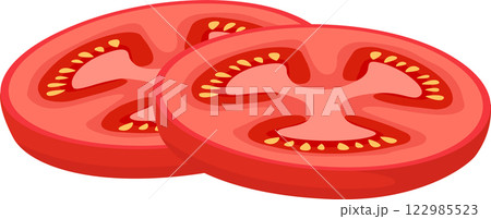 Two juicy slices of vibrant red tomato are presented, showcasing the inner structure with seeds and pulp, ideal for culinary or ingredient focused visuals 122985523