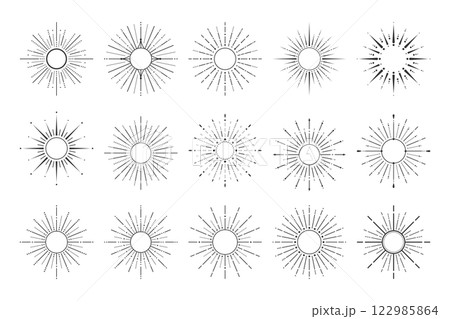 Hand drawn sunburst designs with geometric and vintage aesthetics 122985864