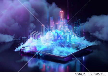 Futuristic 3D isometric digital cloud with glowing lights, a cityscape, and circuit patterns on a black background, symbolizing digital innovation 122985950