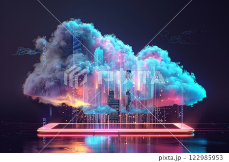 Futuristic 3D isometric digital cloud with glowing lights, a cityscape, and circuit patterns on a black background, symbolizing digital innovation Futuristic 3D isometric digital cloud with glowing lights, a cityscape, and circuit patterns on a black background, symbolizing digital innovation 122985953