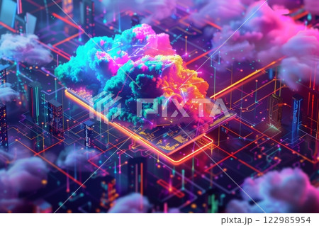 Futuristic 3D isometric digital cloud with glowing lights, a cityscape, and circuit patterns on a black background, symbolizing digital innovation Futuristic 3D isometric digital cloud with glowing lights, a cityscape, and circuit patterns on a black background, symbolizing digital innovation 122985954