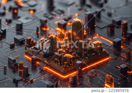 Futuristic 3D isometric digital cloud with glowing lights, a cityscape, and circuit patterns on a black background, symbolizing digital innovation 122985978