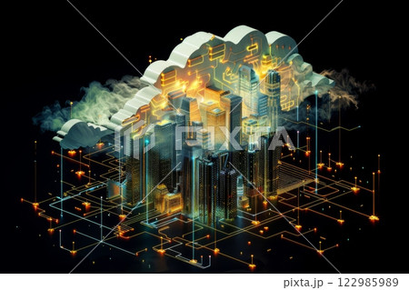 Futuristic 3D isometric digital cloud with glowing lights, a cityscape, and circuit patterns on a black background, symbolizing digital innovation 122985989