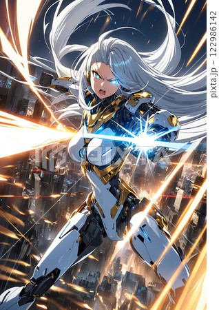光の中で戦うロボットスーツの美少女 122986142