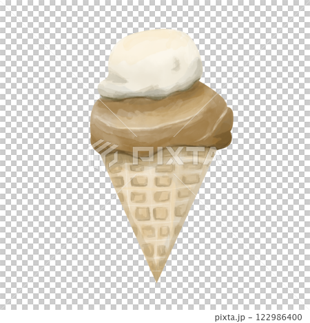 Watercolor Illustration with Vanilla and Chocolate Ice Cream Cone, Clipart Template for Print, Web Advertising, Textile 122986400