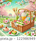 遠足でやってきた桜の木の下にあるお菓子 122986949