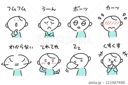 様々な表情の男性の喜怒哀楽セット フムフム・てれてれ・ボーッ・くすくす 様々な表情の男性の喜怒哀楽セット フムフム・てれてれ・ボーッ・くすくす 122987498