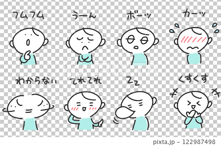 様々な表情の男性の喜怒哀楽セット フムフム・てれてれ・ボーッ・くすくす 様々な表情の男性の喜怒哀楽セット フムフム・てれてれ・ボーッ・くすくす 122987498
