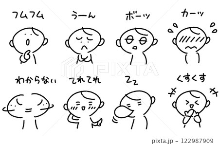 様々な表情の男性の喜怒哀楽セット フムフム・てれてれ・ボーッ・くすくす 様々な表情の男性の喜怒哀楽セット フムフム・てれてれ・ボーッ・くすくす 122987909