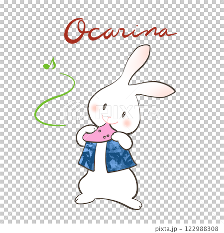 ウサギが楽しそうにオカリナを吹いているイラスト 122988308