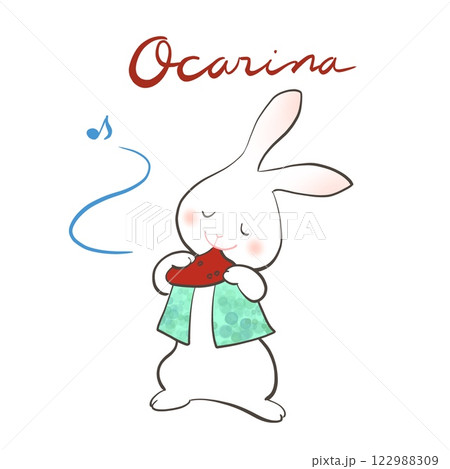 ウサギが楽しそうにオカリナを吹いているイラスト ウサギが楽しそうにオカリナを吹いているイラスト 122988309
