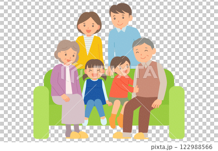 Smiling three-generation family sitting on the sofa 122988566